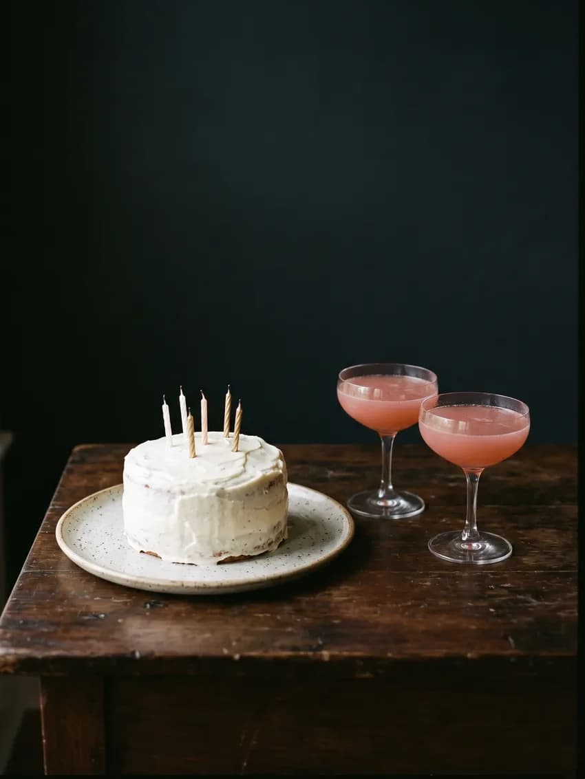 A frosted birthday cake with lit candles beside two pink cocktails