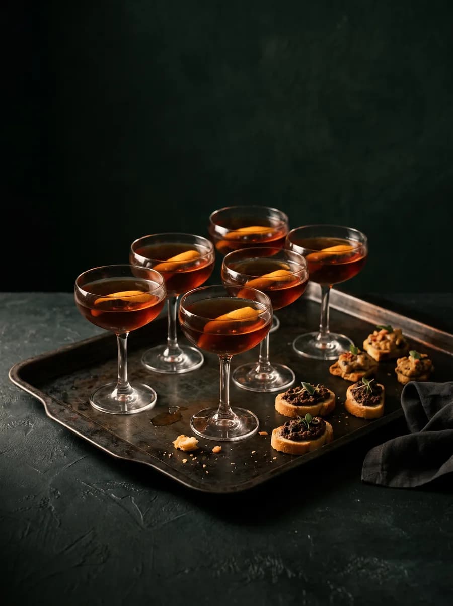 A tray of cocktails with orange twists and a few canapés